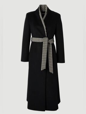 Karen Millen Brushed Wool Houndstooth Mix Belted Wrap Neck Tailored Midi Coat